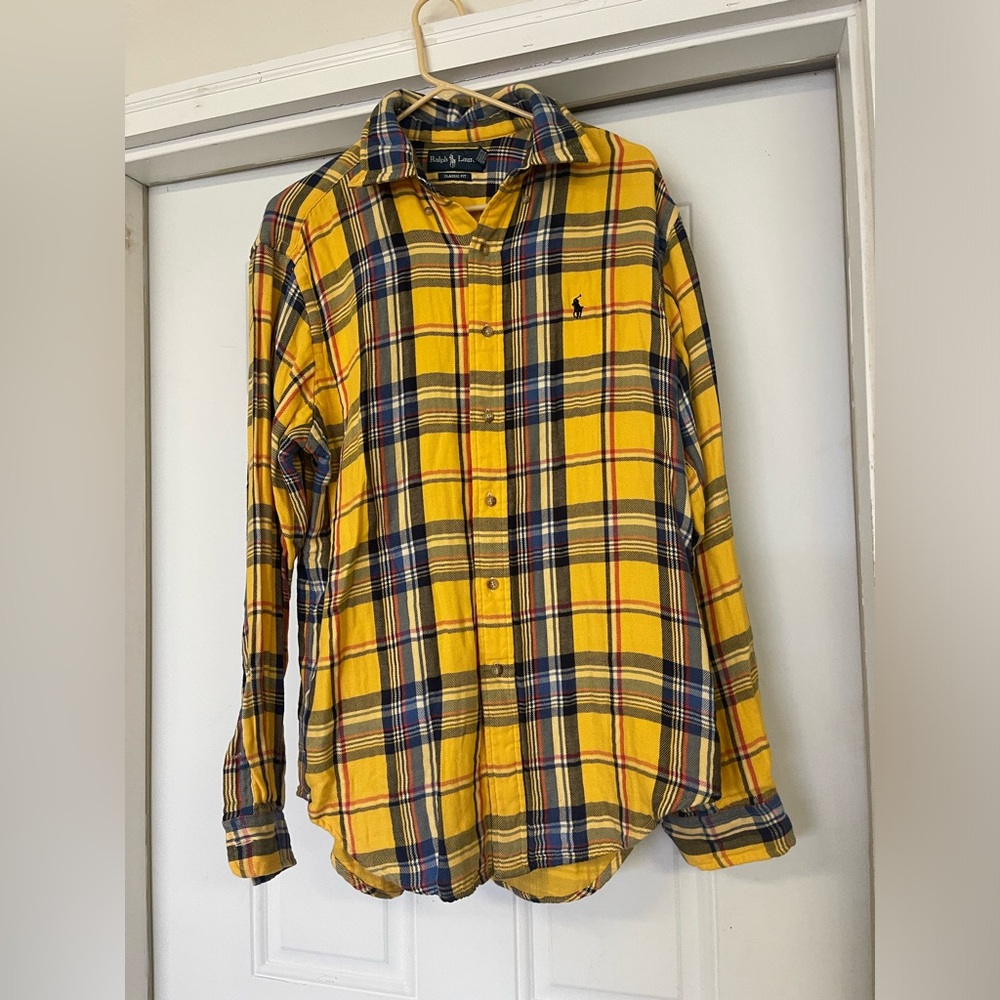 Ralph Lauren men’s classic fit medium button down long sleeve plaid yellow shirt